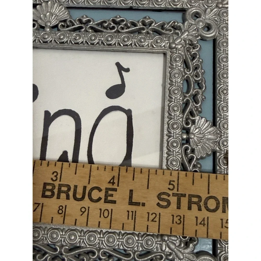Vintage Ornate Metal Photo Frame With Blue Mat 5x7 